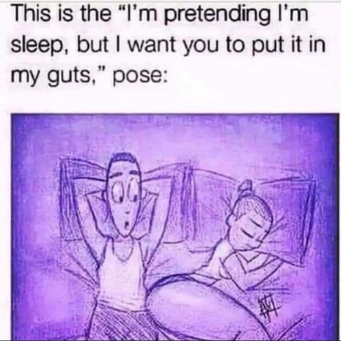 Cartoon with a man lying on a bed awake and a woman lying with her back turned, eyes closed. The text reads 'This is the "I'm pretending I'm sleep, but I want you to put it in my guts," pose:'.
