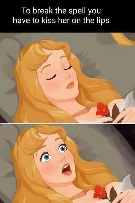 Cartoon of a sleeping princess in two frames; she is first asleep calmly then suddenly awake with wide surprised eyes and mouth open. Text above reads 'To break the spell you have to kiss her on the lips'.