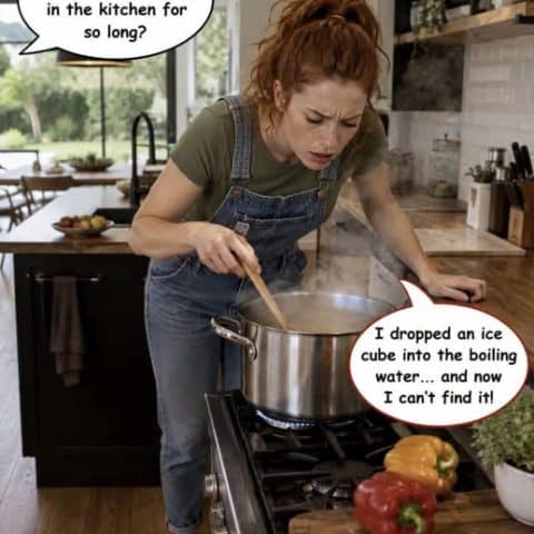 Woman in overalls leans over a pot on the stove with a wooden spoon, looking puzzled as steam rises, surrounded by fresh vegetables in a bright kitchen.