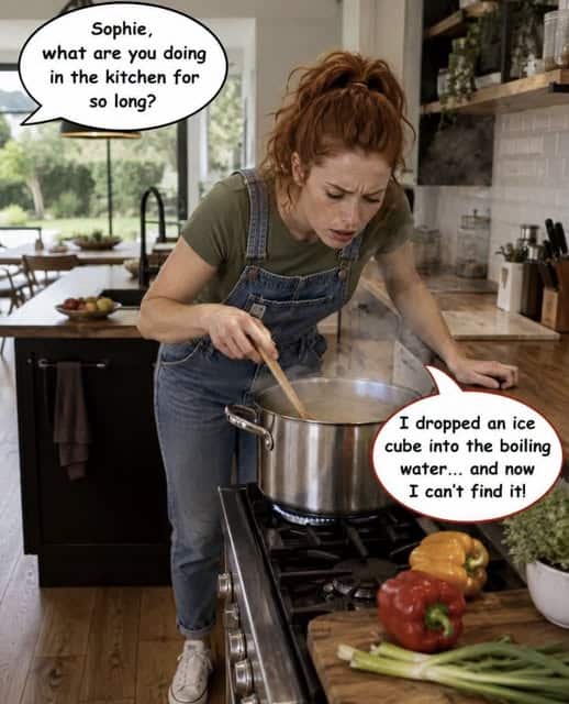 Woman in overalls leans over a pot on the stove with a wooden spoon, looking puzzled as steam rises, surrounded by fresh vegetables in a bright kitchen.