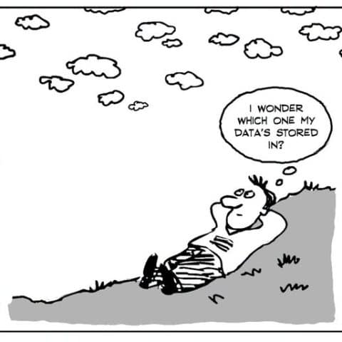 Cartoon of a man lying on the grass on a hill looking up at clouds and thinking about which cloud stores his data.