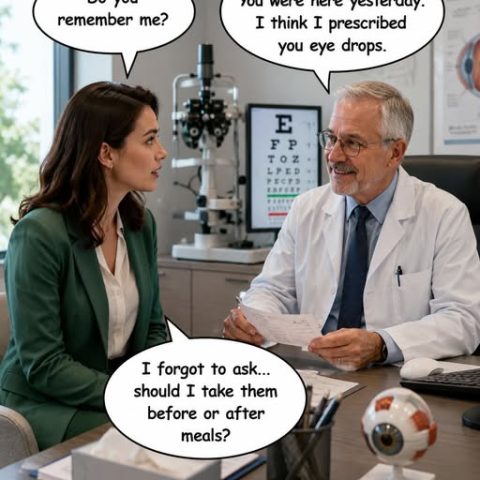 A woman in a green jacket talking to a male optometrist in a white coat at an eye clinic. An eye chart and an eyeball model are visible on the desk in front of them.
