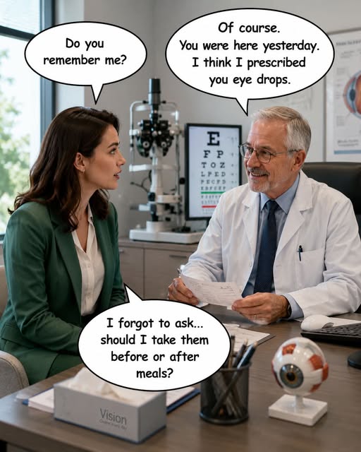 A woman in a green jacket talking to a male optometrist in a white coat at an eye clinic. An eye chart and an eyeball model are visible on the desk in front of them.