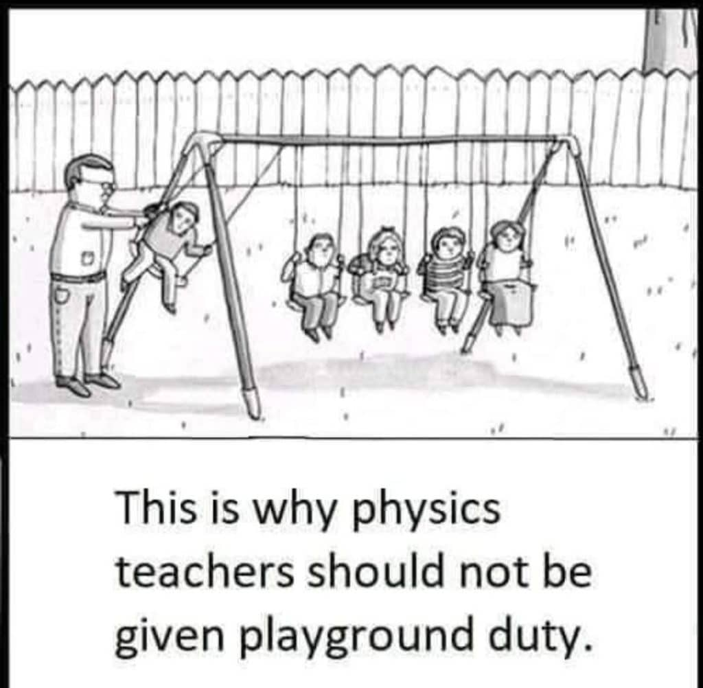 Cartoon of a man holding one child higher on a swing among four other children sitting normally on swings, next to a wooden fence outdoors.