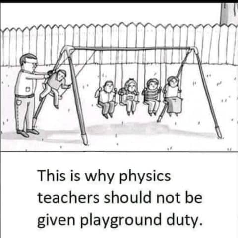 Cartoon of a man holding one child higher on a swing among four other children sitting normally on swings, next to a wooden fence outdoors.