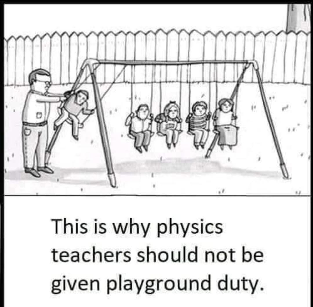 Cartoon of a man holding one child higher on a swing among four other children sitting normally on swings, next to a wooden fence outdoors.