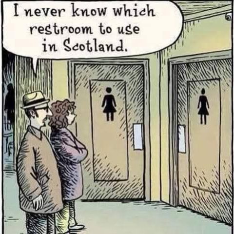 Two people standing in front of two restroom doors, both with female restroom symbols, one person says they never know which to use in Scotland.