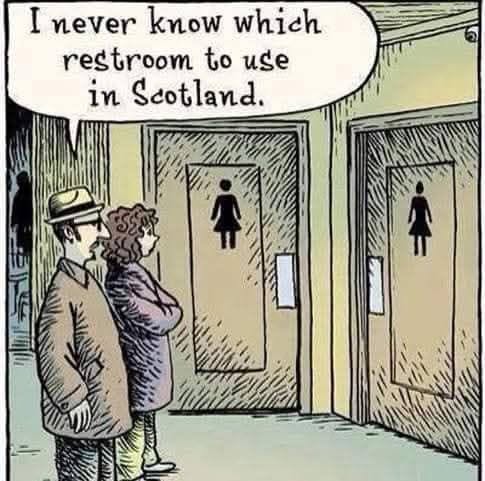 Two people standing in front of two restroom doors, both with female restroom symbols, one person says they never know which to use in Scotland.