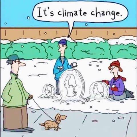 Three people outside kneeling in snow making melting snow sculptures of presidents' heads; one person says 'It's climate change.' Another person walks by with a small dog on a leash.