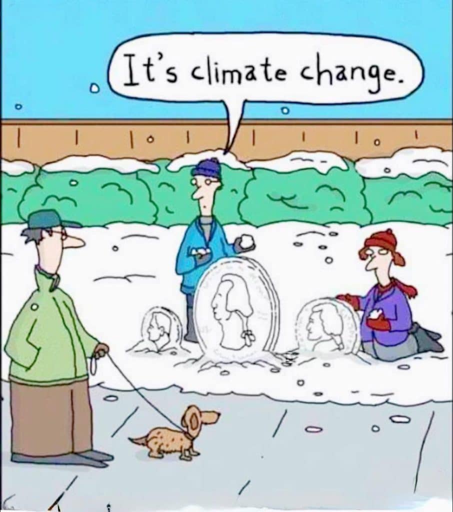 Three people outside kneeling in snow making melting snow sculptures of presidents' heads; one person says 'It's climate change.' Another person walks by with a small dog on a leash.