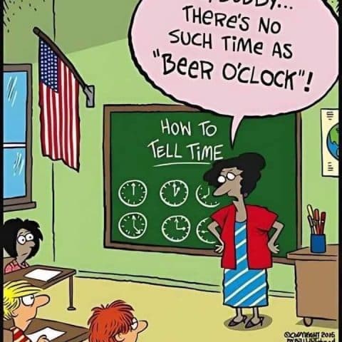 Classroom scene with a teacher standing by a chalkboard showing clocks, telling a student there's no such time as 'beer o'clock'.