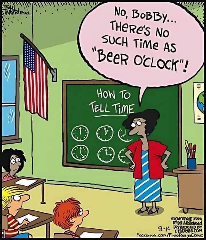 Classroom scene with a teacher standing by a chalkboard showing clocks, telling a student there's no such time as 'beer o'clock'.
