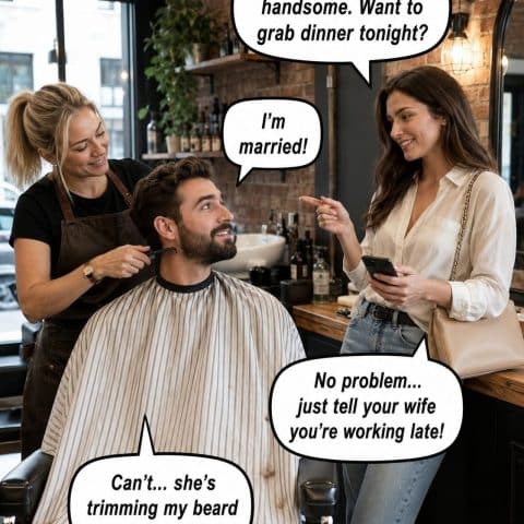 Man sitting in barber chair with barber trimming his beard, talking to a woman in casual outfit holding a phone, inside a cozy barbershop with brick walls and bottles on shelves.