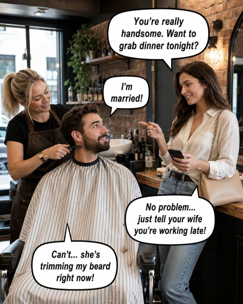 Man sitting in barber chair with barber trimming his beard, talking to a woman in casual outfit holding a phone, inside a cozy barbershop with brick walls and bottles on shelves.