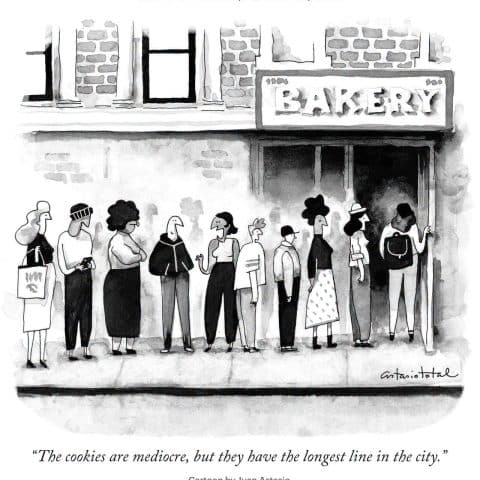 A diverse group of people standing in a line outside a bakery with a sign that says 'BAKERY'.