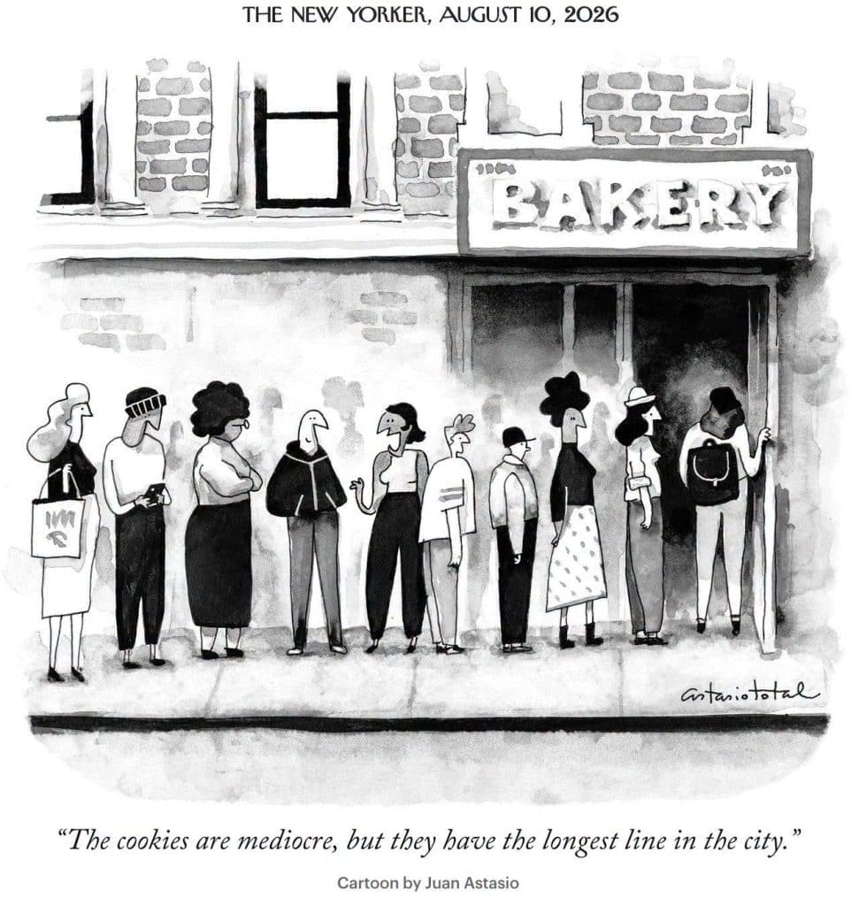 A diverse group of people standing in a line outside a bakery with a sign that says 'BAKERY'.