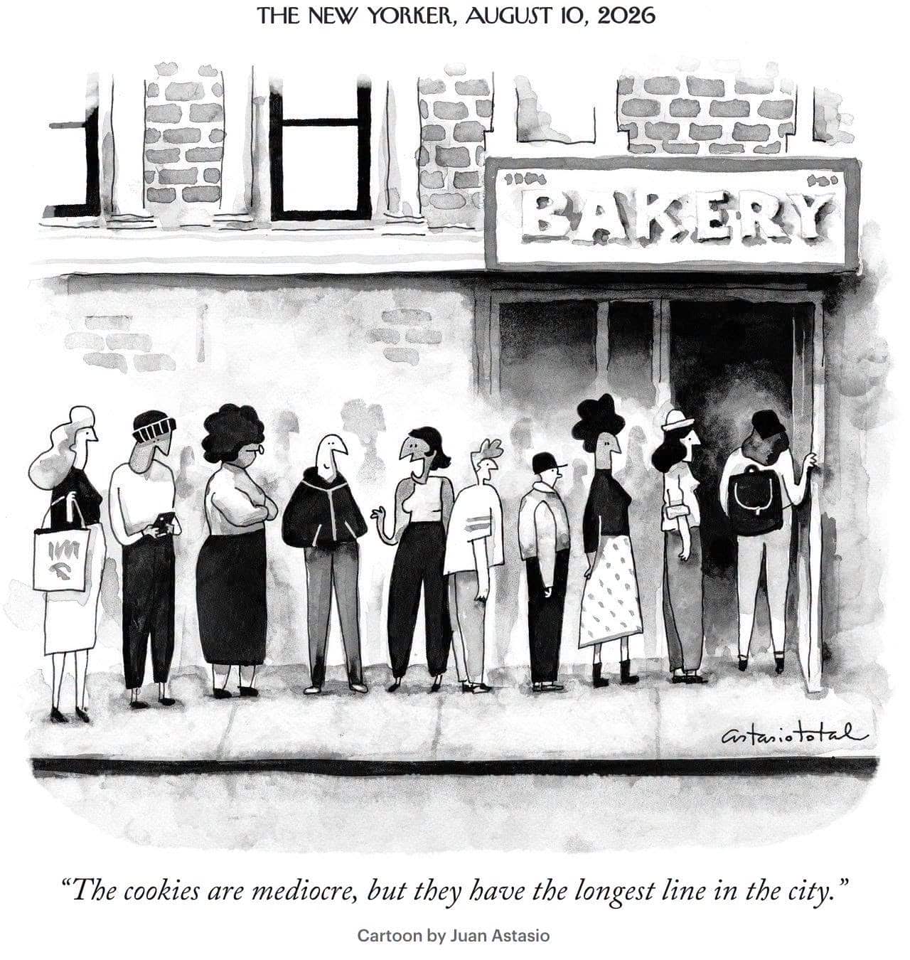 A diverse group of people standing in a line outside a bakery with a sign that says 'BAKERY'.