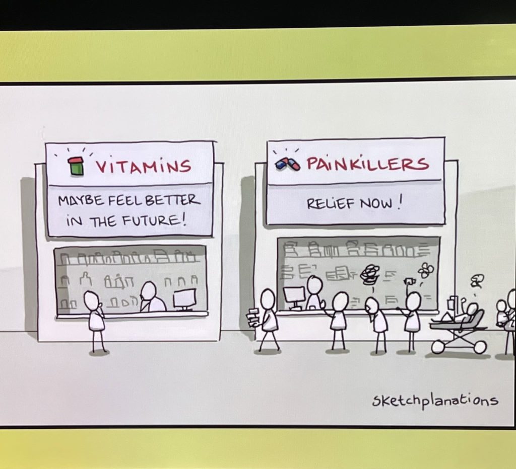 Two pharmacy counters labeled Vitamins and Painkillers. The Vitamins sign says 'Maybe feel better in the future!' with only one customer. The Painkillers sign says 'Relief now!' with several customers waiting in line.