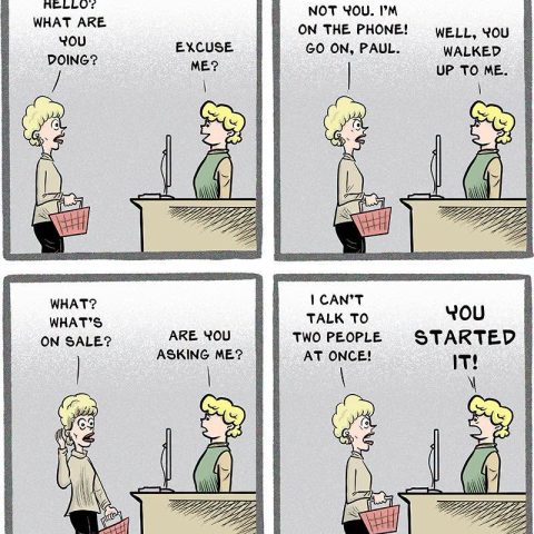 A four-panel comic showing a conversation between a woman at a checkout counter and a cashier who is on the phone. They misunderstand who is being spoken to, causing comedic confusion.