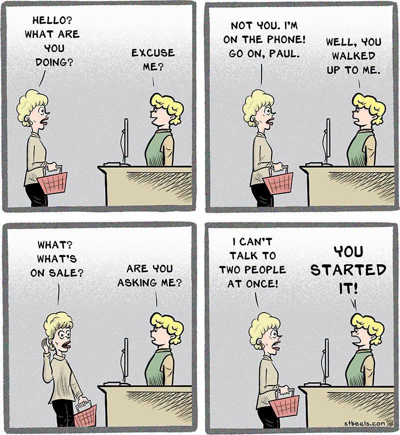 A four-panel comic showing a conversation between a woman at a checkout counter and a cashier who is on the phone. They misunderstand who is being spoken to, causing comedic confusion.