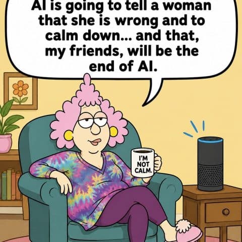 Cartoon of a woman with pink curly hair, sitting in an armchair, holding a coffee mug that says 'I'M NOT CALM.' She speaks to a smart speaker on a side table.
