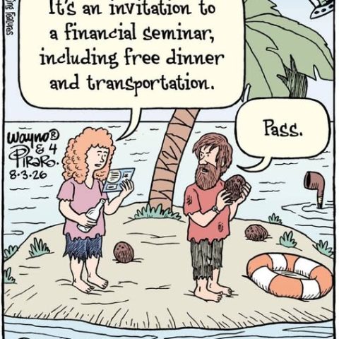 Two ragged castaways stand on a small island, one reading an invitation while the other holds a coconut; a palm tree, life preserver, and a shark fin are visible.