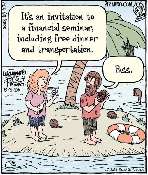 Two ragged castaways stand on a small island, one reading an invitation while the other holds a coconut; a palm tree, life preserver, and a shark fin are visible.
