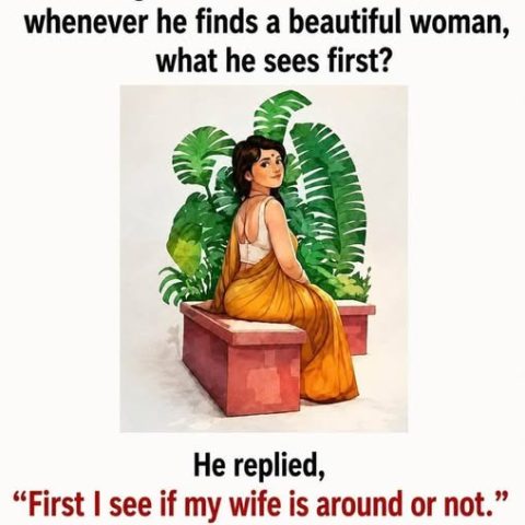 Illustration of a woman sitting on a brick bench with green plants behind, accompanied by text about a gentleman's response to seeing a beautiful woman.