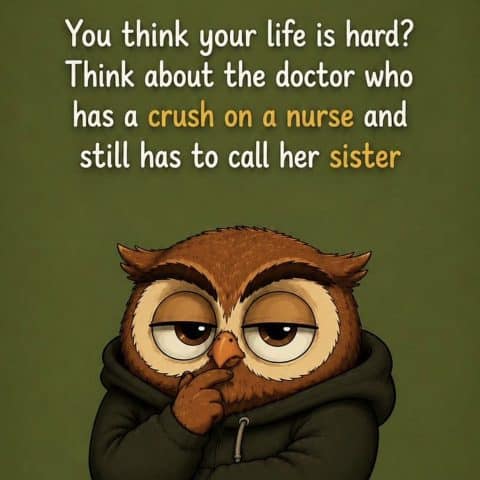 Cartoon owl in a hoodie with a smirking expression and finger on its beak, text about a doctor who has a crush on a nurse but must call her sister.