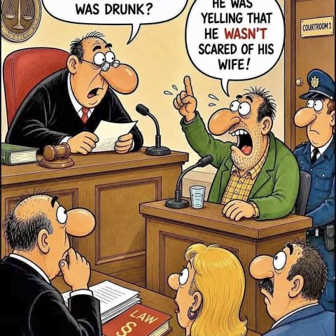 Cartoon courtroom scene with a judge, a witness at the stand speaking loudly, a police officer, and others listening; speech bubbles show the judge asking how the defendant was known to be drunk, and the witness replying he was yelling that he wasn't scared of his wife.