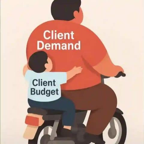 Cartoon of two people on a motorcycle with the larger person labeled 'Client Demand' and the smaller person labeled 'Client Budget' struggling to hold on.