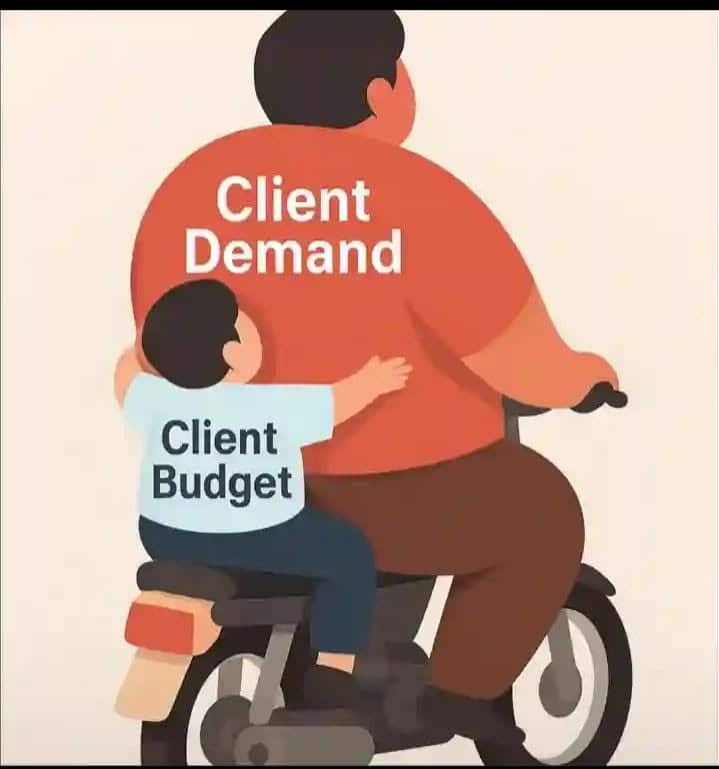 Cartoon of two people on a motorcycle with the larger person labeled 'Client Demand' and the smaller person labeled 'Client Budget' struggling to hold on.