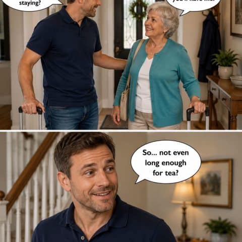Two-panel scene showing a man and an elderly woman each with luggage in a hallway; the man questions how long she's staying, she replies with a sweet answer, then he jokes about it not being long enough for tea.