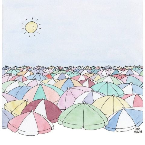 A sad sun in the sky above a sea of colorful, overlapping beach umbrellas stretching to the horizon.