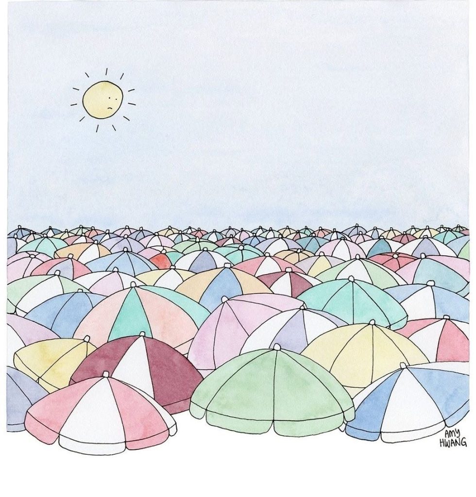A sad sun in the sky above a sea of colorful, overlapping beach umbrellas stretching to the horizon.