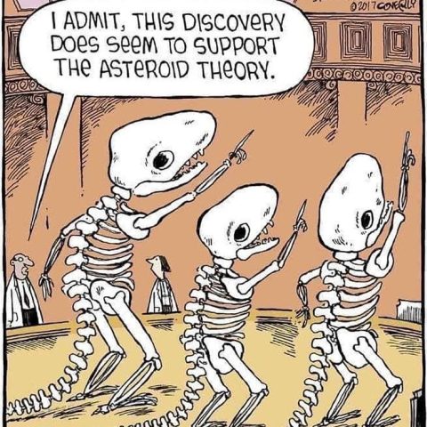 Three dinosaur skeletons standing upright in a museum hall, pointing at something while a few people watch, one skeleton says it supports the asteroid theory.