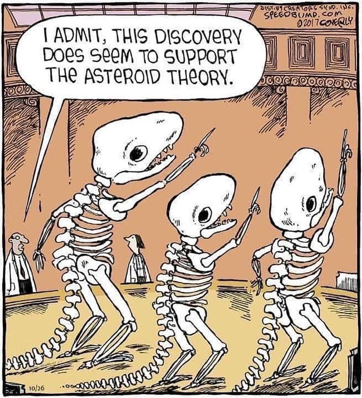 Three dinosaur skeletons standing upright in a museum hall, pointing at something while a few people watch, one skeleton says it supports the asteroid theory.