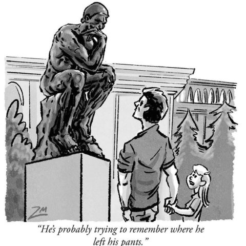 A man and young girl holding hands look at the statue of 'The Thinker,' with the caption suggesting the statue is trying to remember where he left his pants.
