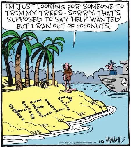 A man with a beard stands barefoot on a small desert island with palm trees. The word 'HELP?' is spelled out with coconuts on the sand. A boat approaches with a person looking at him. The man says he meant to write 'HELP WANTED' but ran out of coconuts.
