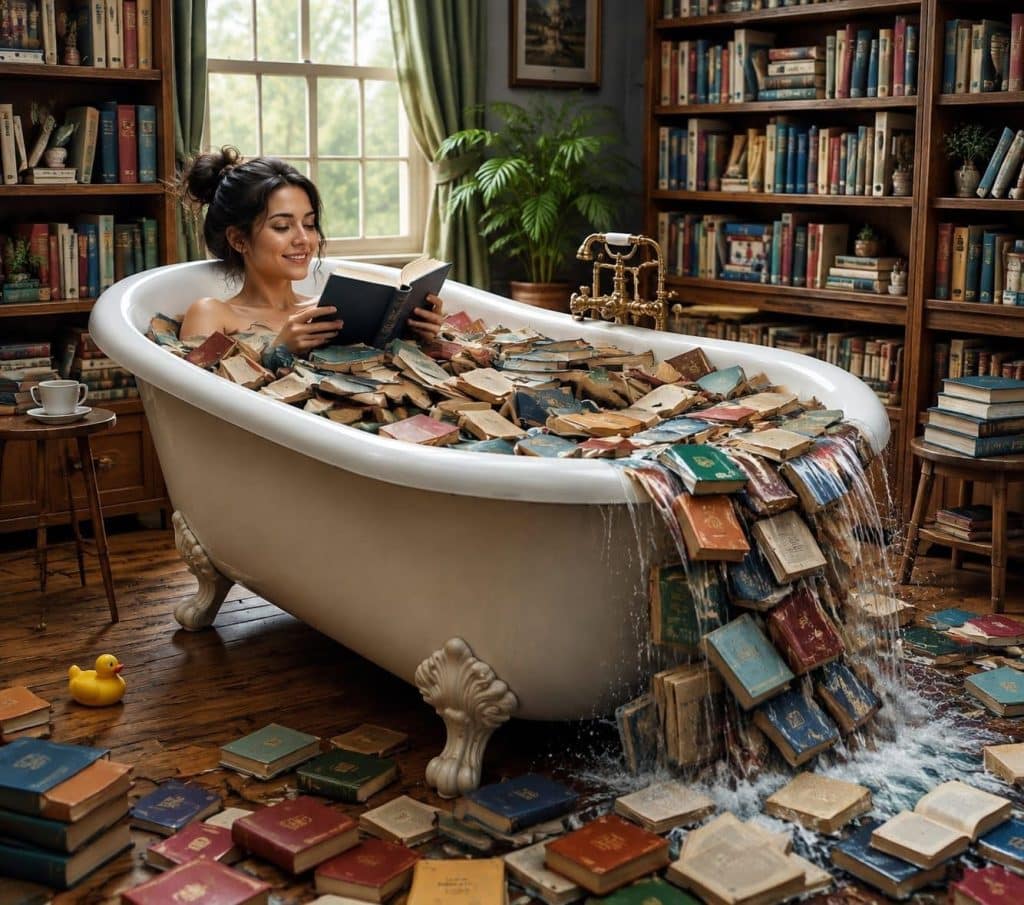 A woman relaxes in a clawfoot bathtub filled with old books instead of water, and books cascade over the tub like a waterfall into a library room filled with shelves of books.