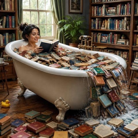 A woman relaxes in a clawfoot bathtub filled with old books instead of water, and books cascade over the tub like a waterfall into a library room filled with shelves of books.