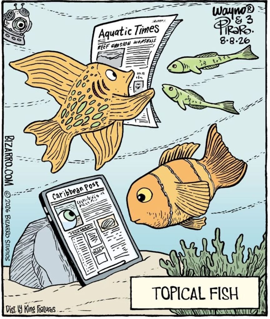 Several fish underwater, one reading a newspaper titled Aquatic Times, another eyeing an electronic device displaying the Caribbean Post, surrounded by smaller fish and coral.