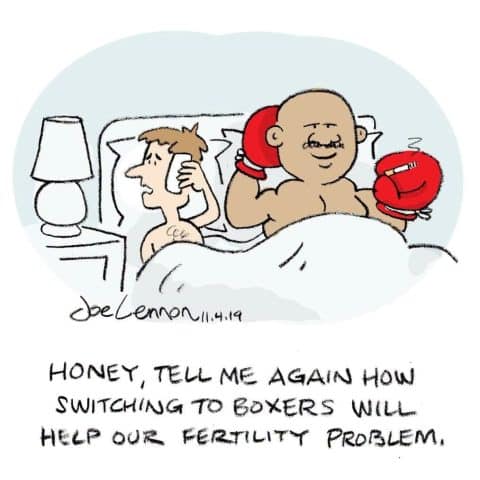 A cartoon of a couple in bed. The muscular man with a mustache wears red boxing gloves, the other man looks surprised holding a phone.