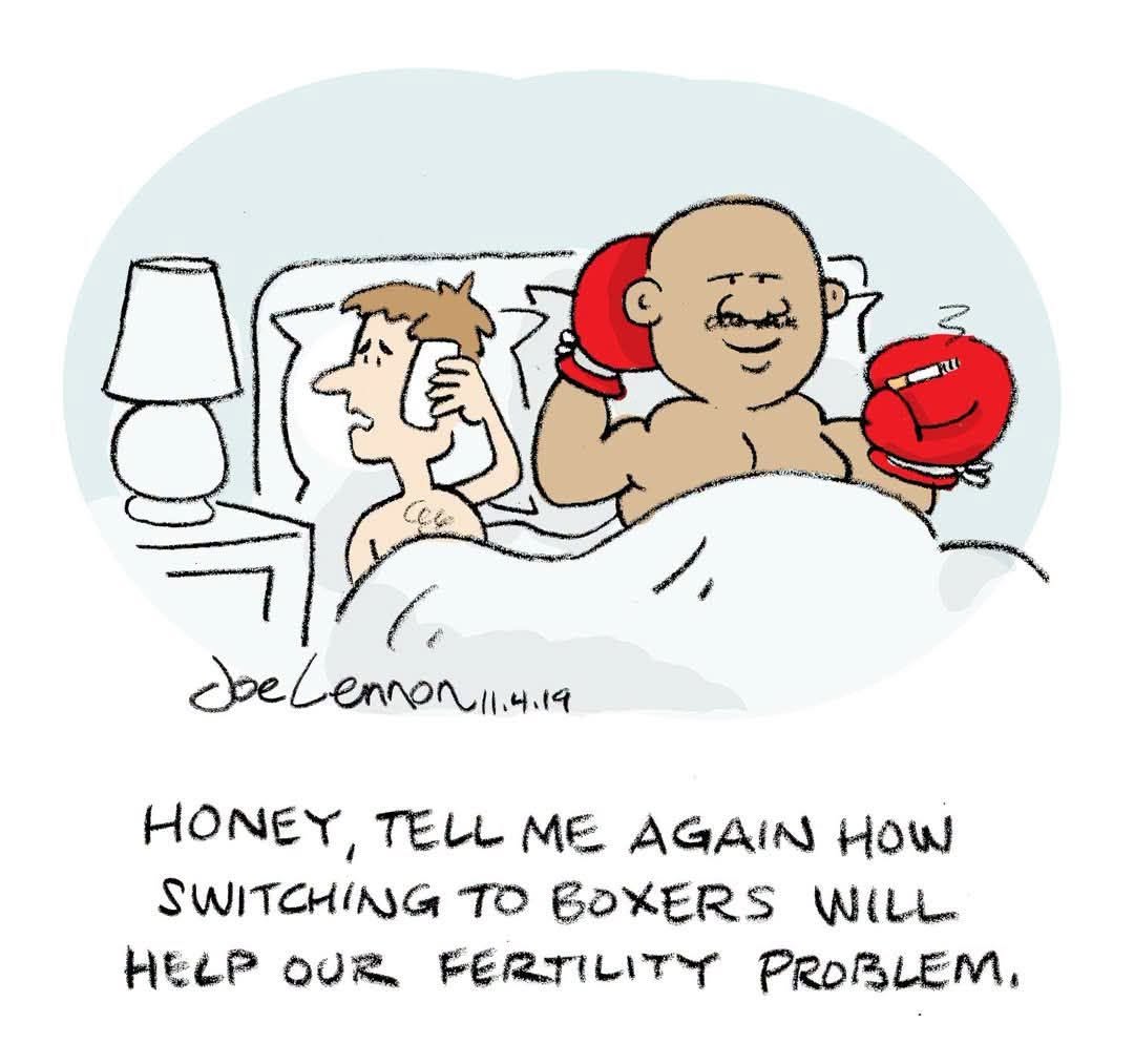 A cartoon of a couple in bed. The muscular man with a mustache wears red boxing gloves, the other man looks surprised holding a phone.