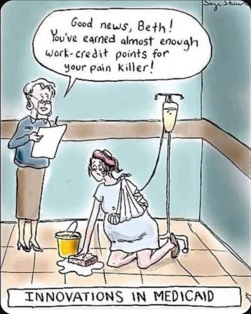 A woman with a sling on her arm and her leg in a cast is scrubbing a floor while hooked to an IV drip. A standing woman reads from a clipboard, saying the patient has almost earned enough work-credit points for painkillers.