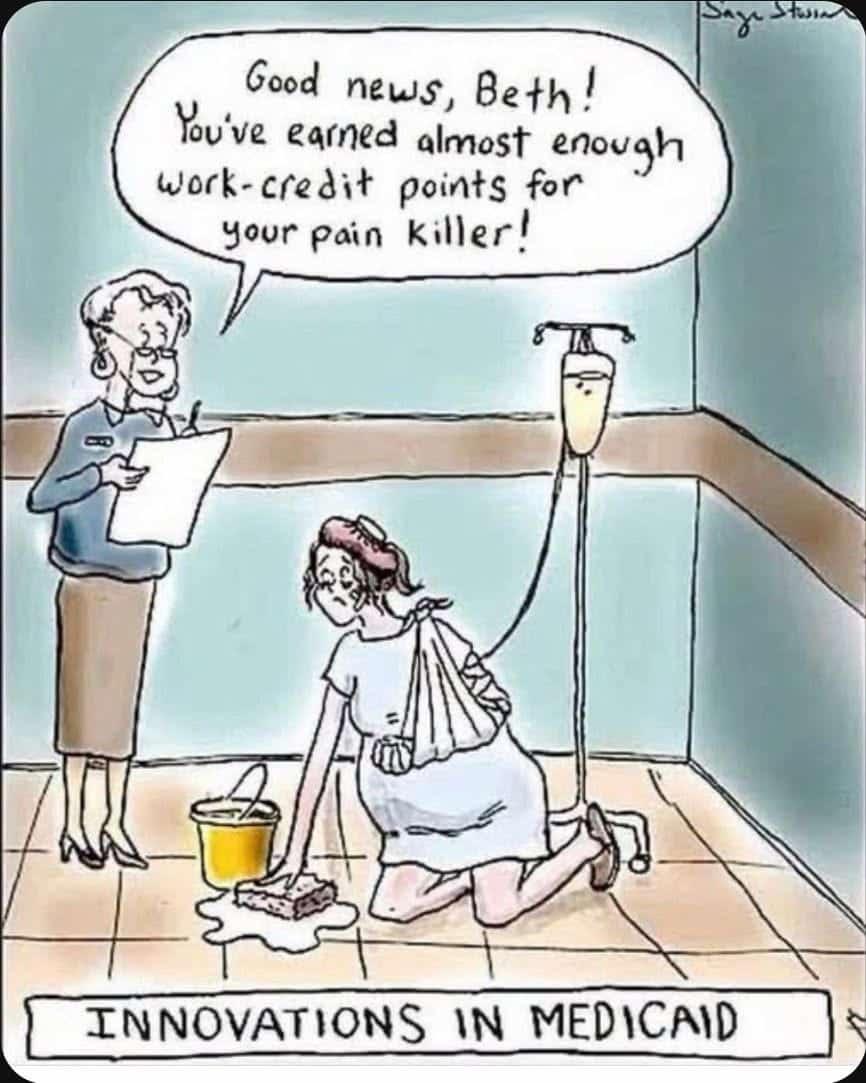 A woman with a sling on her arm and her leg in a cast is scrubbing a floor while hooked to an IV drip. A standing woman reads from a clipboard, saying the patient has almost earned enough work-credit points for painkillers.