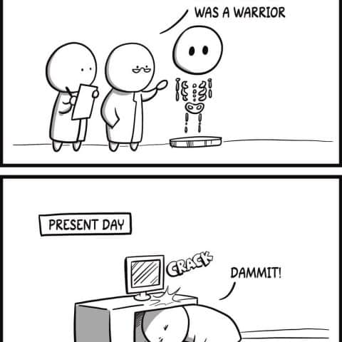 Two scientists examine a skeleton with a cracked head labeled 'The Year 3000' in the first panel; below, a person in present day hits their head on a desk with a computer and says 'Dammit!' in the second panel.