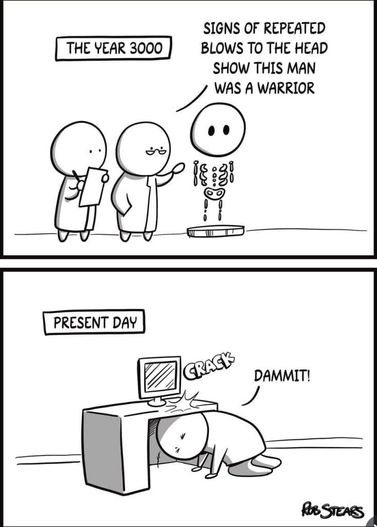 Two scientists examine a skeleton with a cracked head labeled 'The Year 3000' in the first panel; below, a person in present day hits their head on a desk with a computer and says 'Dammit!' in the second panel.