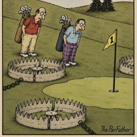 Two golfers standing on a golf course looking down warily at large bear traps placed near the green around the hole with flag number 1.