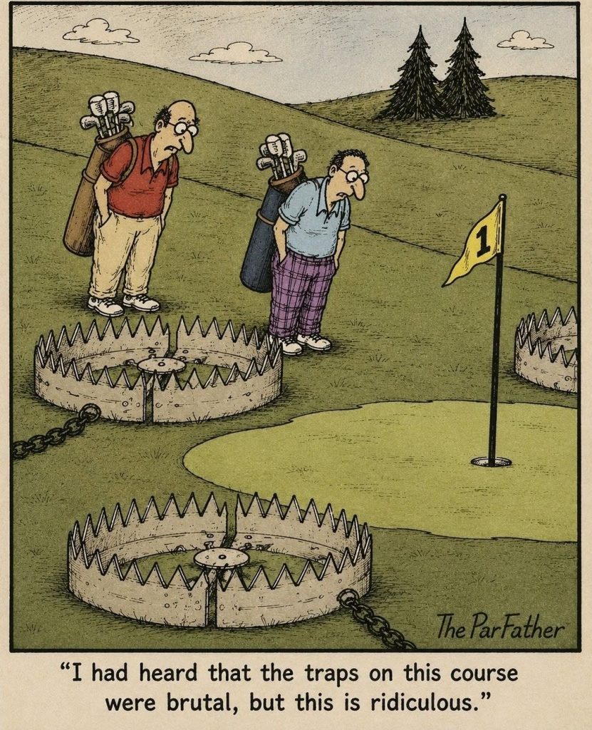 Two golfers standing on a golf course looking down warily at large bear traps placed near the green around the hole with flag number 1.